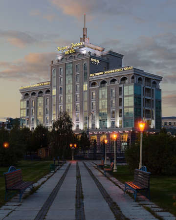 Kazan, Republic of Tatarstan, Russia, August 27, 2019: Bilyar Palace Hotel at sunset, a hotel in the center of Kazan, located on 61 Ostrovsky Street.のeditorial素材