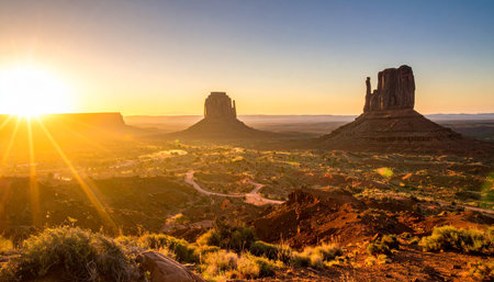Sunset over Monument Valley in Navajo Tribal Lands of Arizona and Utah USAの素材