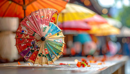 Colorful umbrellas in the Buddhist temple. Bali, Indonesiaの素材