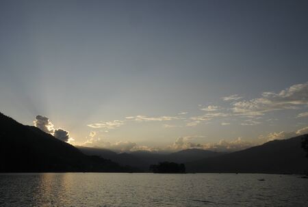 sunset at mountain lakeの写真素材