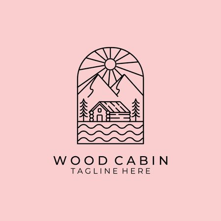 Emblem of Cabin Cottage Line Art Minimalist  Mountain Sunburst Vector Illustration Lake River Wave Designのイラスト素材