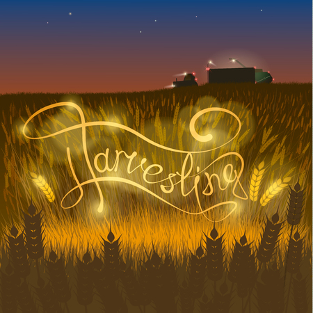 Harvesting, machinery harvester, tractor, Inscription against the background of wheatのイラスト素材