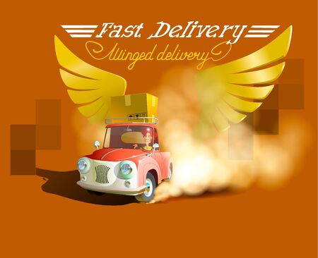 Delivery Concept, Express Delivery, delivery man. Cartoon 3d vector isometric illustration. Isometric car. Delivery car. Gold wingsの写真素材