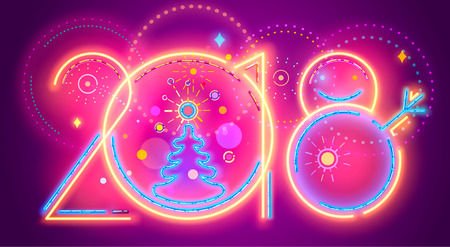 Colorful New Year line numera. Vector illustration of colorful neon 2018 New Year numerals on purple background.のイラスト素材
