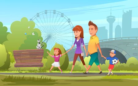 Cheerful family walking in park. Vector illustration of happy parents with children walking together in green park.のイラスト素材