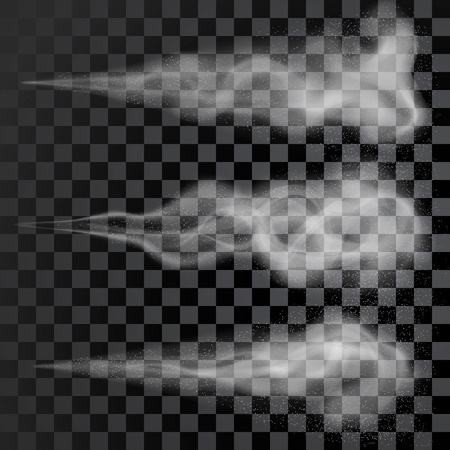 Set. Aerosol water spray, cosmetic vial pulverizer white smoke design, drops, dust and dots cloud, atomizer mist. Fog vector effect, 3d illustration. Insecticide particles.のイラスト素材