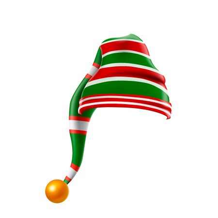 Christmas holiday hat.3D, funky red and green stripped cartoon christmas vector elf hat isolated vector, kids elf hat icon or label.のイラスト素材
