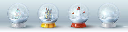 Christmas Crystal Snow Ball set with balls, gift, fur tree and, snowman and famaly homeのイラスト素材