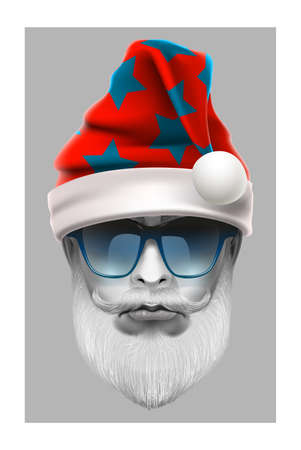 Realistic of comic avatar of trendy santa claus hipster. Stylish Santa man in sunglasses.のイラスト素材