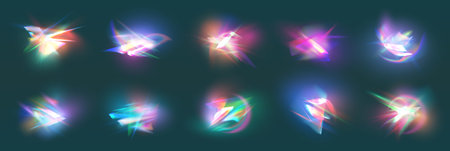 Crystal Rainbow Light Effects. Rainbow sunlight effect, holographic rays collection. Light streak overlay pattern designs. Vector illustrationのイラスト素材