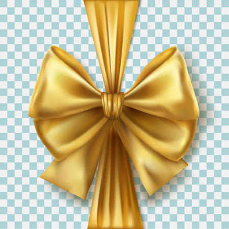 3d gold realistic bow illustration on transparent background. Vector Christmas gold satin bow with ribbon, xmas golden wrap element templateのイラスト素材
