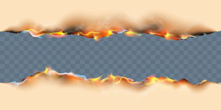 Burnt paper realistic set with isolated upper and lower borders of burning sheet with editable text and flames of fire vector illustration on transparent background.のイラスト素材