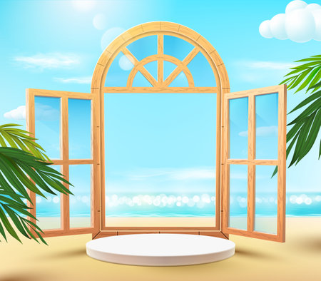 3d illustration of a round podium with a window on a summer beach with palm trees. Realistic design template. vector illustration.のイラスト素材