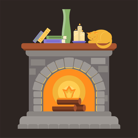 A fireplace made of gray bricks with a wooden shelf with books, candles, a vase and a sleeping cat. Vector illustration in the style of flat.のイラスト素材