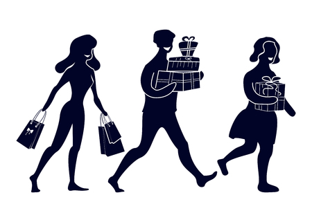 Silhouettes of abstract people with purchases and gifts. Going happy buyers. Illustration in modern flat style.のイラスト素材