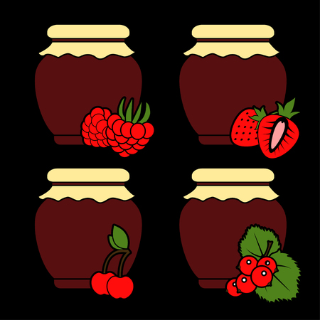 Set of color icons of berry jam on a black background. Vector isolated objects.のイラスト素材
