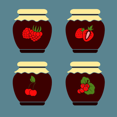 Set of color icons of berry jam on a blue background. Vector isolated objects.のイラスト素材