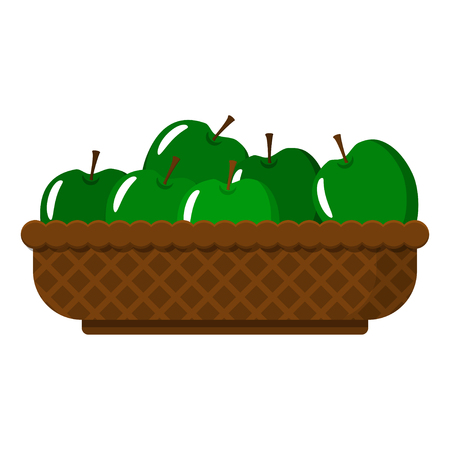 Wicker basket with juicy green apples. Vector object on white background.のイラスト素材