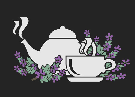 Icon set for tea with thyme. Healthy tea. Brewing thyme in the kettle and cup. Vector color iconのイラスト素材