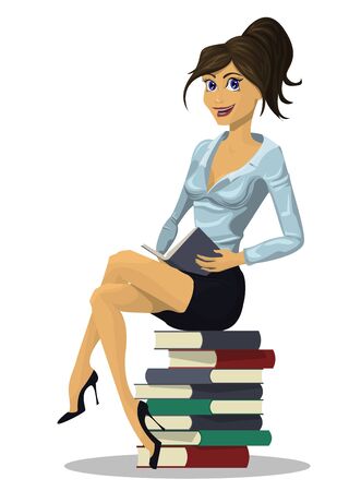 A beautiful charming girl in a deep blouse is sitting on a stack of books and holding an open book.のイラスト素材