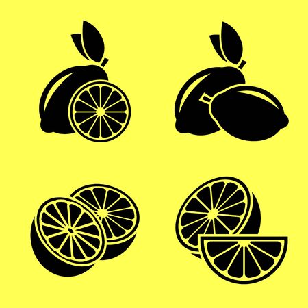 Lemon. A set of lemon in a different state. Black vector icons on a yellow background.のイラスト素材