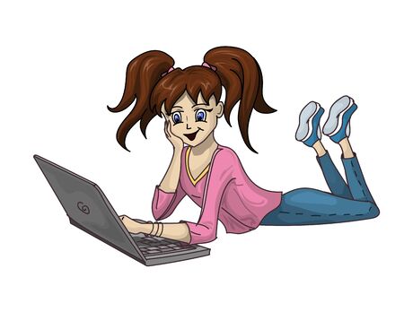 A modern teenager is enthusiastically and happily spending time with his personal laptop. Communication on the Internet, online games or distance learning.のイラスト素材