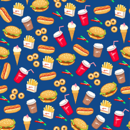 Fast Food seamless pattern on blue backgroundのイラスト素材