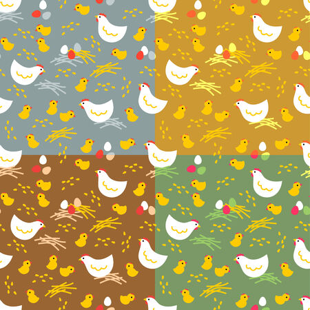 Chikens with colour eggs  Four easter seamless patternsのイラスト素材