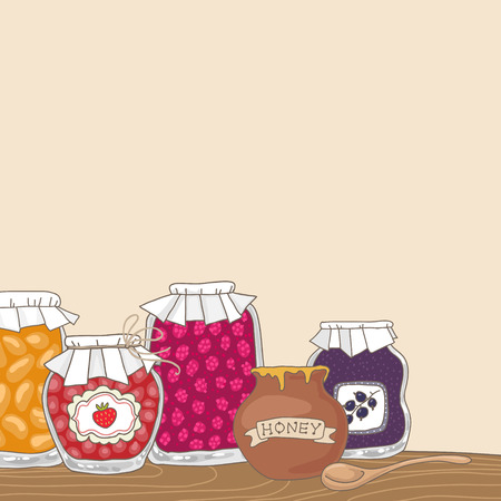 Tasty home made jams in jars. Cartoon background illustration
のイラスト素材