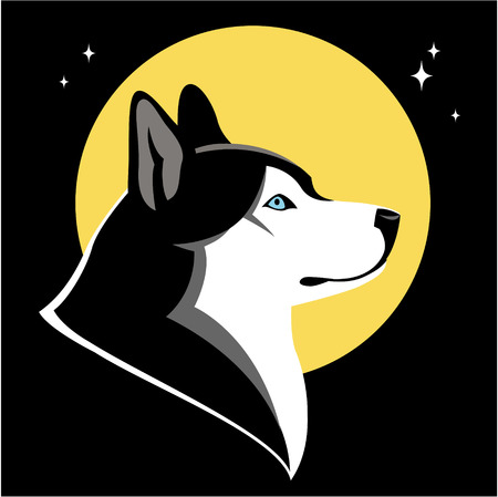 Husky dog and moon on night sky  illustrationのイラスト素材