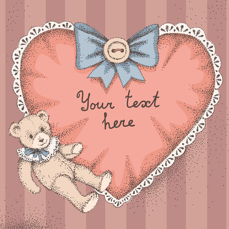 Vintage styled illustration. Toy bear and textile heartのイラスト素材