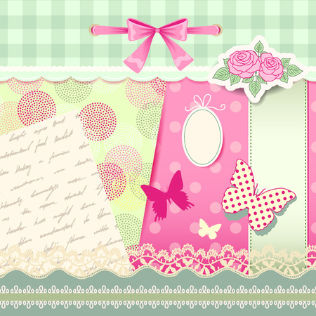 Set of elements for design and scrapbooking. Butterflies, patterns, and lace bordersのイラスト素材