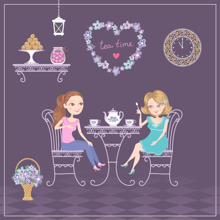 Two girls meeting in cafe to drink tea and talking. のイラスト素材