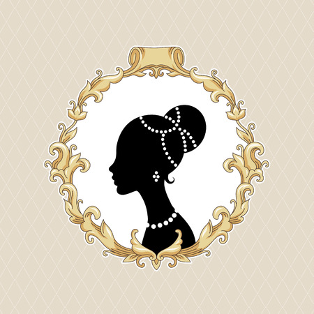 Stylize young woman in baroque frame on beige backgroundのイラスト素材