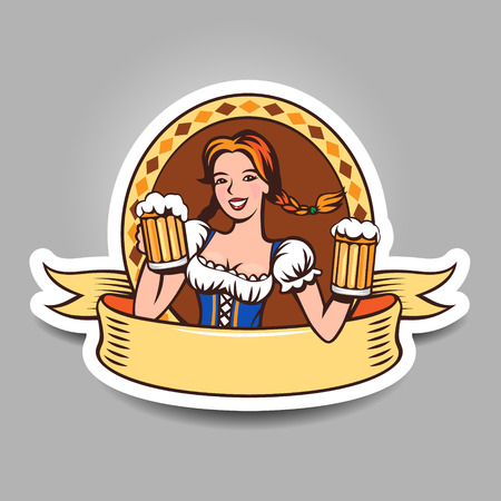 Young woman holding beer glasses. Emblem with ribbon, label for your designのイラスト素材
