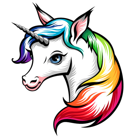 Head of cute white unicorn with rainbow mane isolated on whiteのイラスト素材