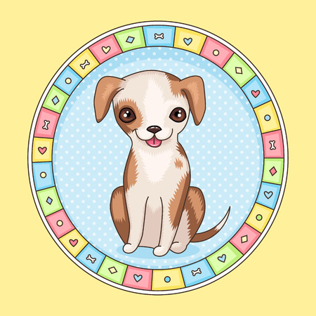 Cute cartoon character. Smiling little dog in round frameのイラスト素材
