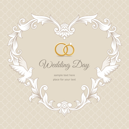 Template of wedding card. Frame heart-shaped  on beige backgroundのイラスト素材