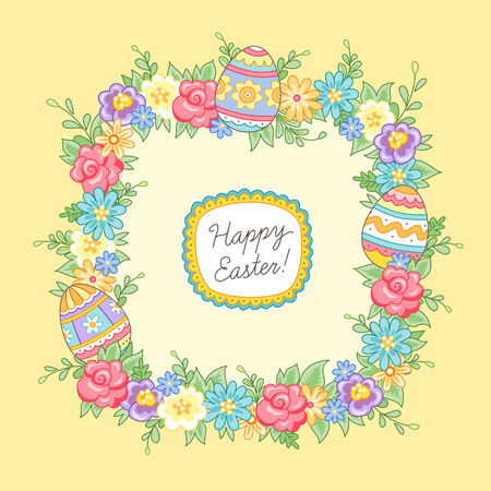 Easter greeting card. Floral frame with eggs on yellow backgroundのイラスト素材