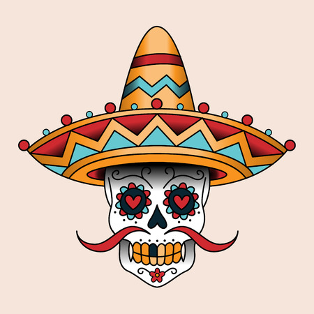 Mexican sugar scull in sombrero. Traditional style color tattooのイラスト素材