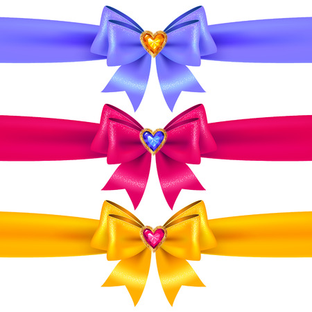 Set of blue, pink and yellow  bows with crystal heart  for holiday design and decorationのイラスト素材