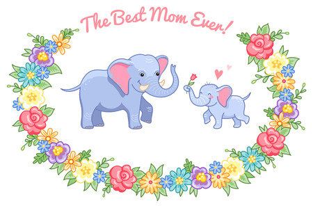 Little elephant gives a flower to mom. Cute card for Mothers dayのイラスト素材