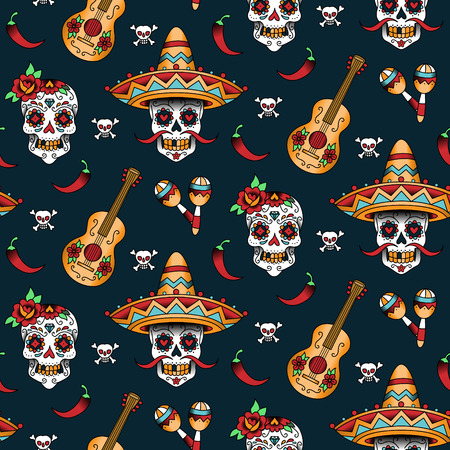 Mexican Sugar Skulls With Chili Pepper On A Blue Background