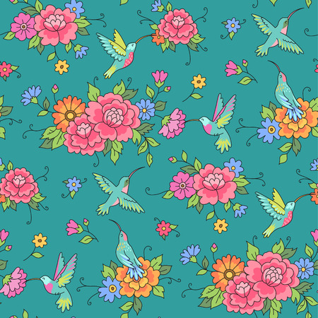 Floral seamless pattern. Hummingbirds fly among the flowers on green backgroundのイラスト素材