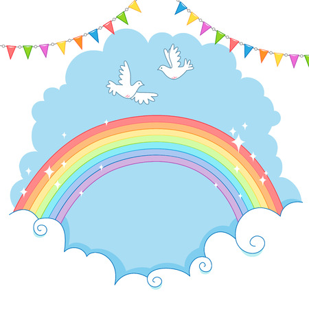 Two white dove flying in the sky over the rainbow.のイラスト素材