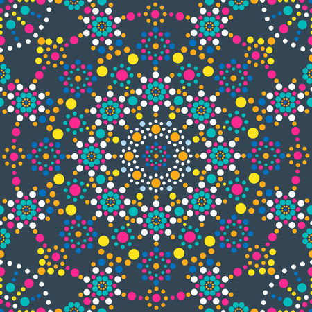 Seamless pattern. A mandala made of colored dots on a blue background