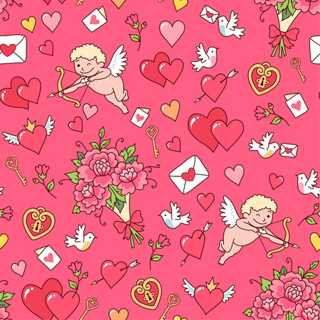 Cupid shooting at hearts on a pink background. Seamless pattern for Valentine's dayのイラスト素材