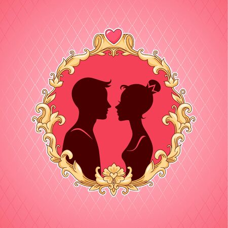 Silhouette of a young couple inside the baroque frame. Greeting postcard for Valentine's day.のイラスト素材