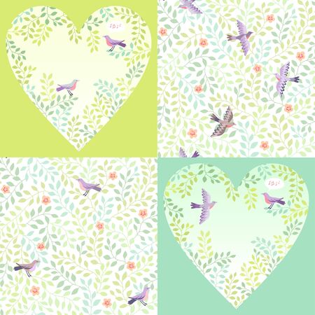 Birds in green branches. Set of springtime backgrounds and  patterns for Valentine's dayのイラスト素材
