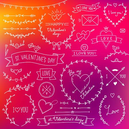 Set of cute romantic design elements for st Valentines day on multicolor backgroundのイラスト素材